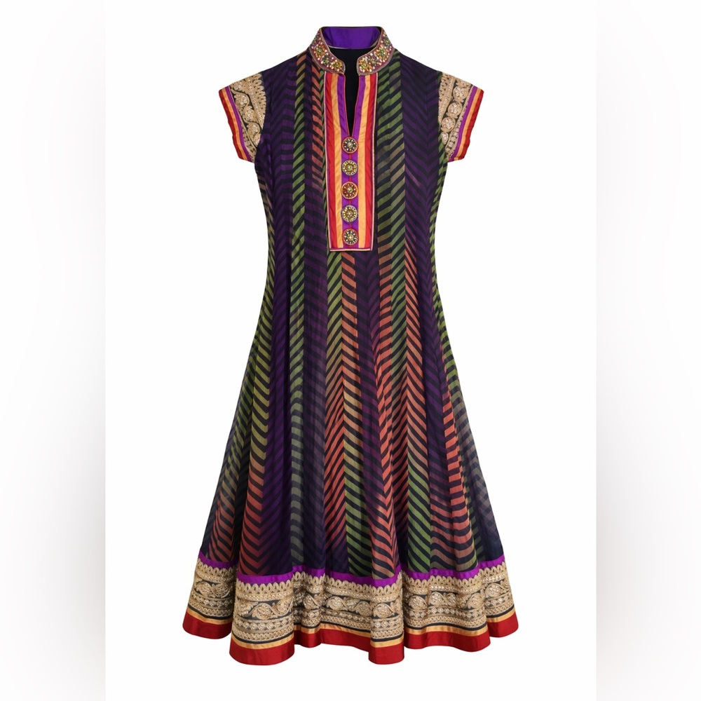 Embroidered Indian Anarkali Dress Purple Green Chevron Gold Trim Size 8 Silk